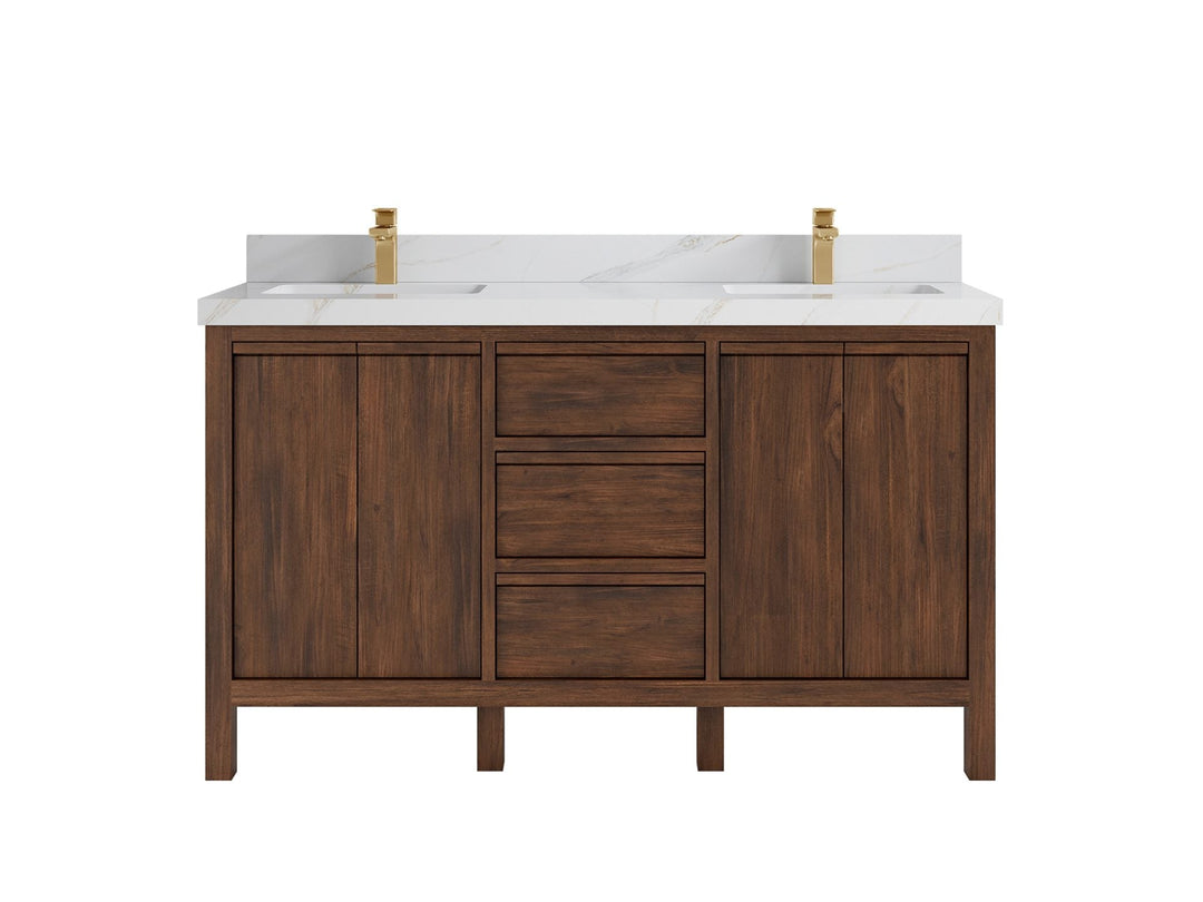Elizabeth Teak 60 in. W x 22 in. D Double Sink Bathroom Vanity in Dark Walnut with 2 in Calacatta Sienna Quartz Countertop