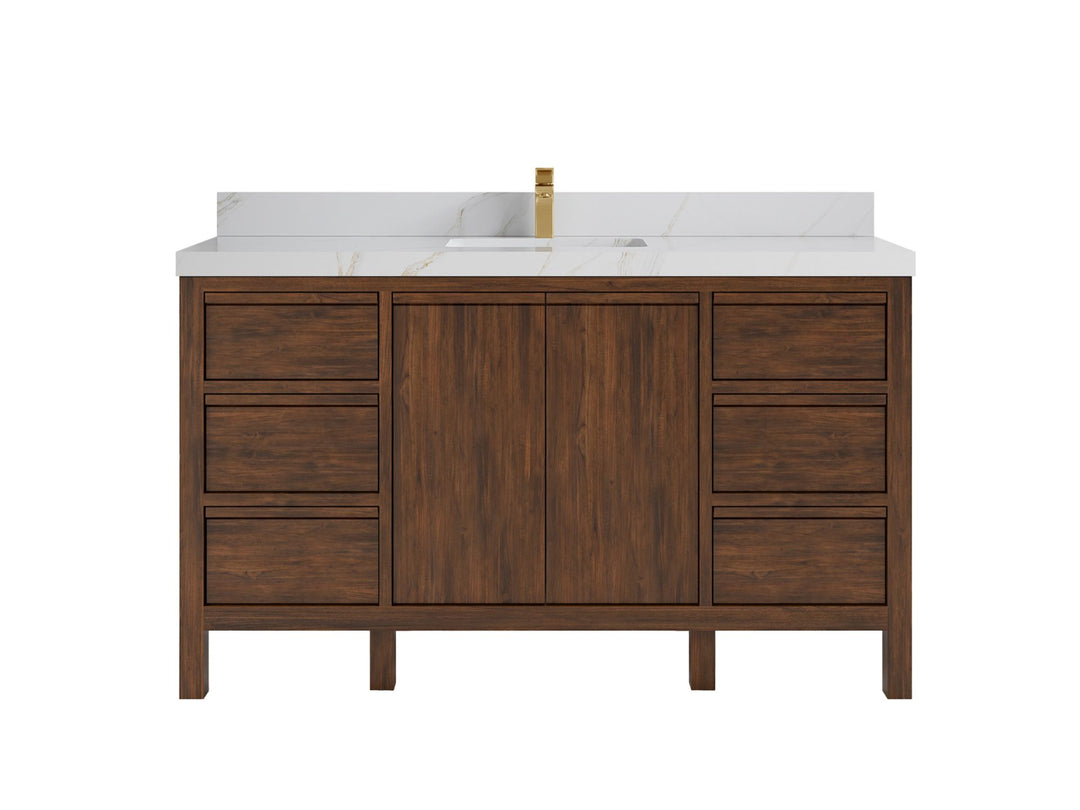Elizabeth Teak 60 in. W x 22 in. D Single Sink Bathroom Vanity in Dark Walnut with 2 in Calacatta Sienna Quartz Countertop