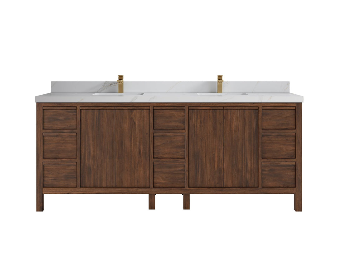 Elizabeth Teak 84 in. W x 22 in. D Double Sink Bathroom Vanity in Dark Walnut with 2 in Calacatta Sienna Quartz Countertop