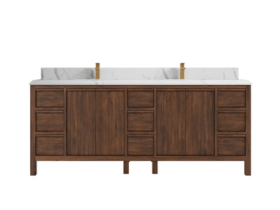 Elizabeth Teak 84 in. W x 22 in. D Double Sink Bathroom Vanity in Dark Walnut with 1.5 in Double Cove Calacatta Laza Quartz Countertop