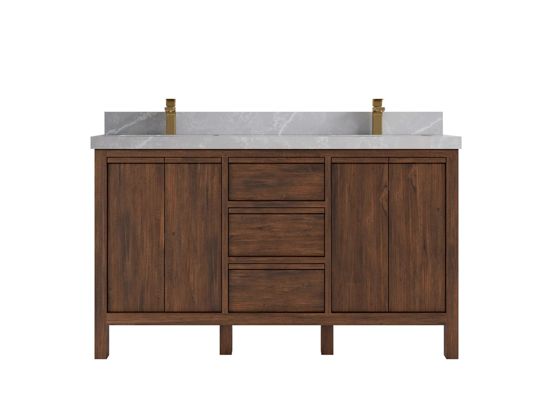 Elizabeth Teak 60 in. W x 22 in. D Double Sink Bathroom Vanity in Dark Walnut with 2 in Pearl Light Gray Quartz Countertop