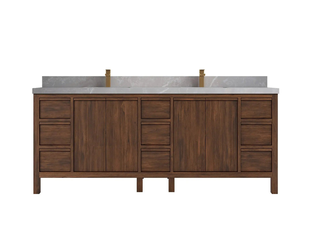Elizabeth Teak 84 in. W x 22 in. D Double Sink Bathroom Vanity in Dark Walnut with 2 in Pearl Light Gray Quartz Countertop
