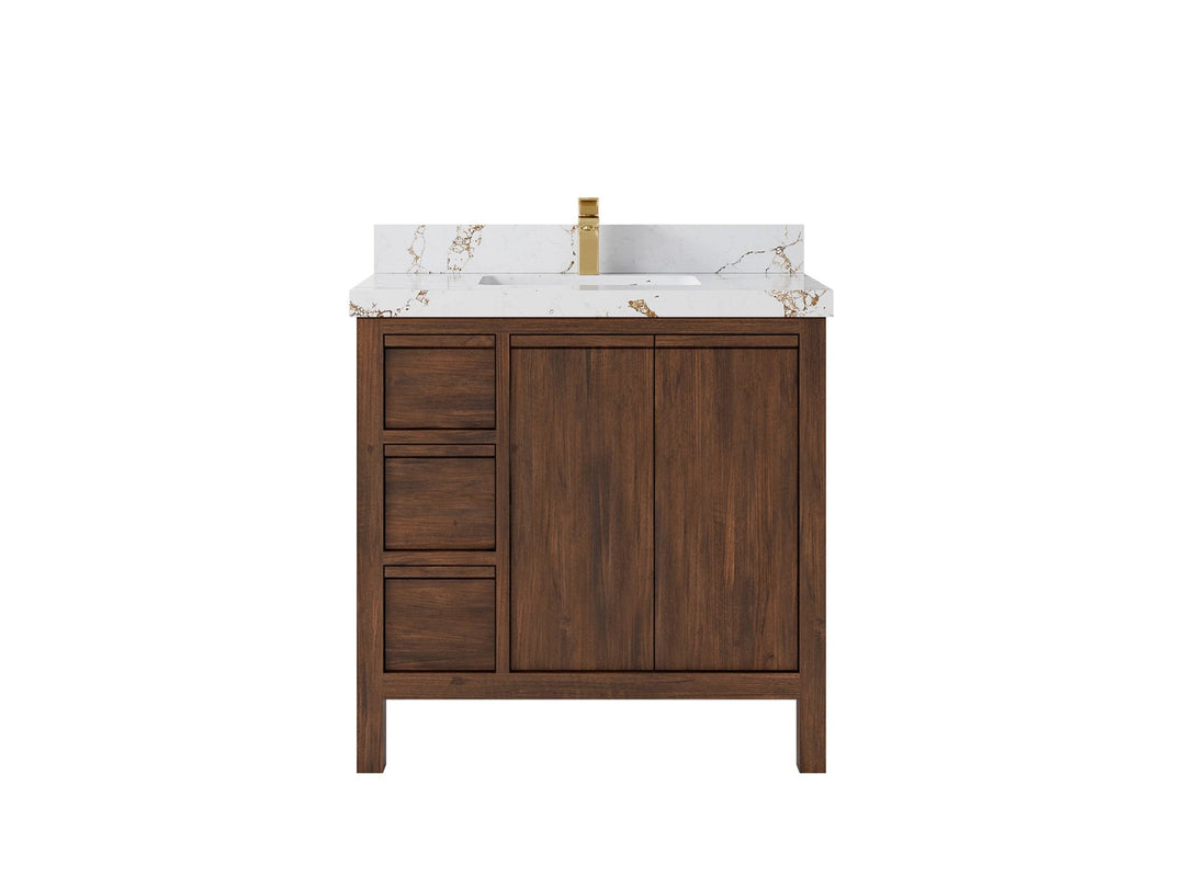 Elizabeth Teak 36 Right Offset in. W x 22 in. D Center Sink Bathroom Vanity in Dark Walnut with 2 in Viola Gold Quartz Countertop