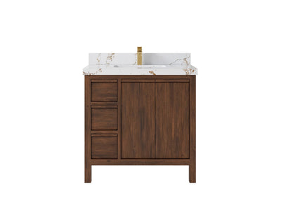 Elizabeth Teak 36 Right Offset in. W x 22 in. D Center Sink Bathroom Vanity in Dark Walnut with 2 in Viola Gold Quartz Countertop