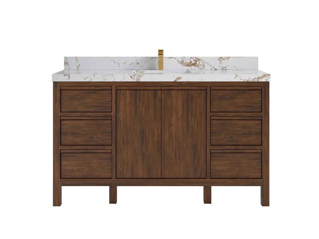 Elizabeth Teak 60 in. W x 22 in. D Single Sink Bathroom Vanity in Dark Walnut with 2 in Viola Gold Quartz Countertop