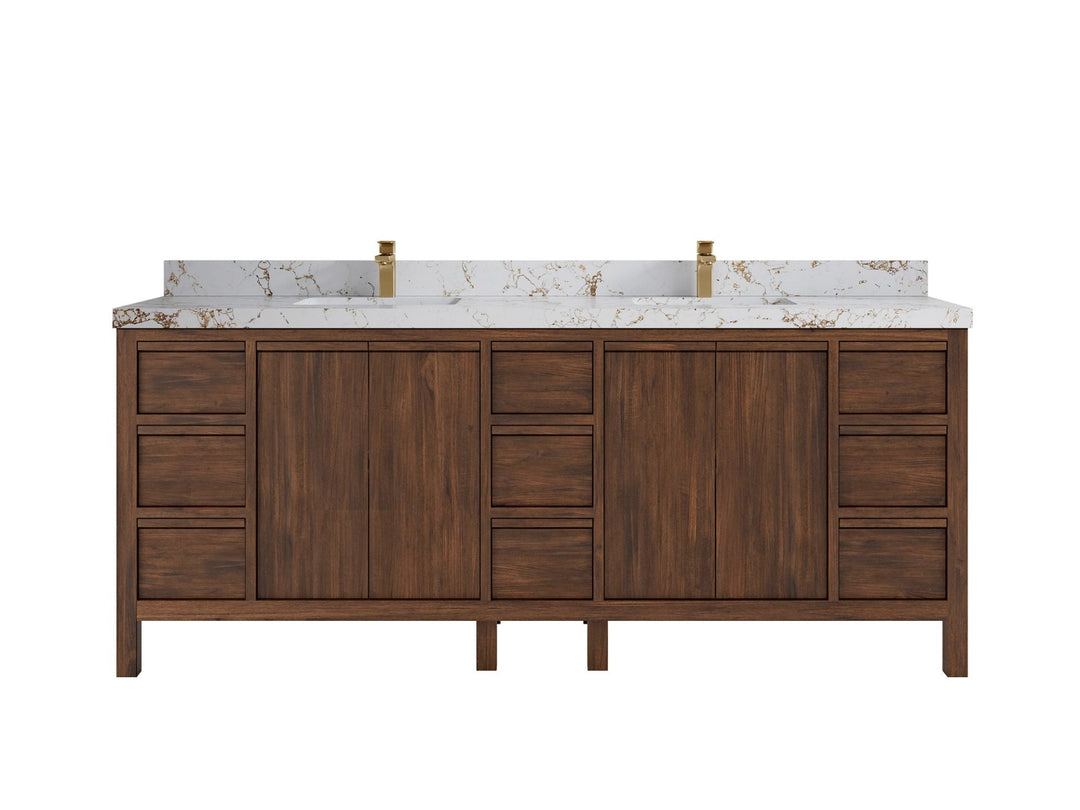 Elizabeth Teak 84 in. W x 22 in. D Double Sink Bathroom Vanity in Dark Walnut with 2 in Viola Gold Quartz Countertop