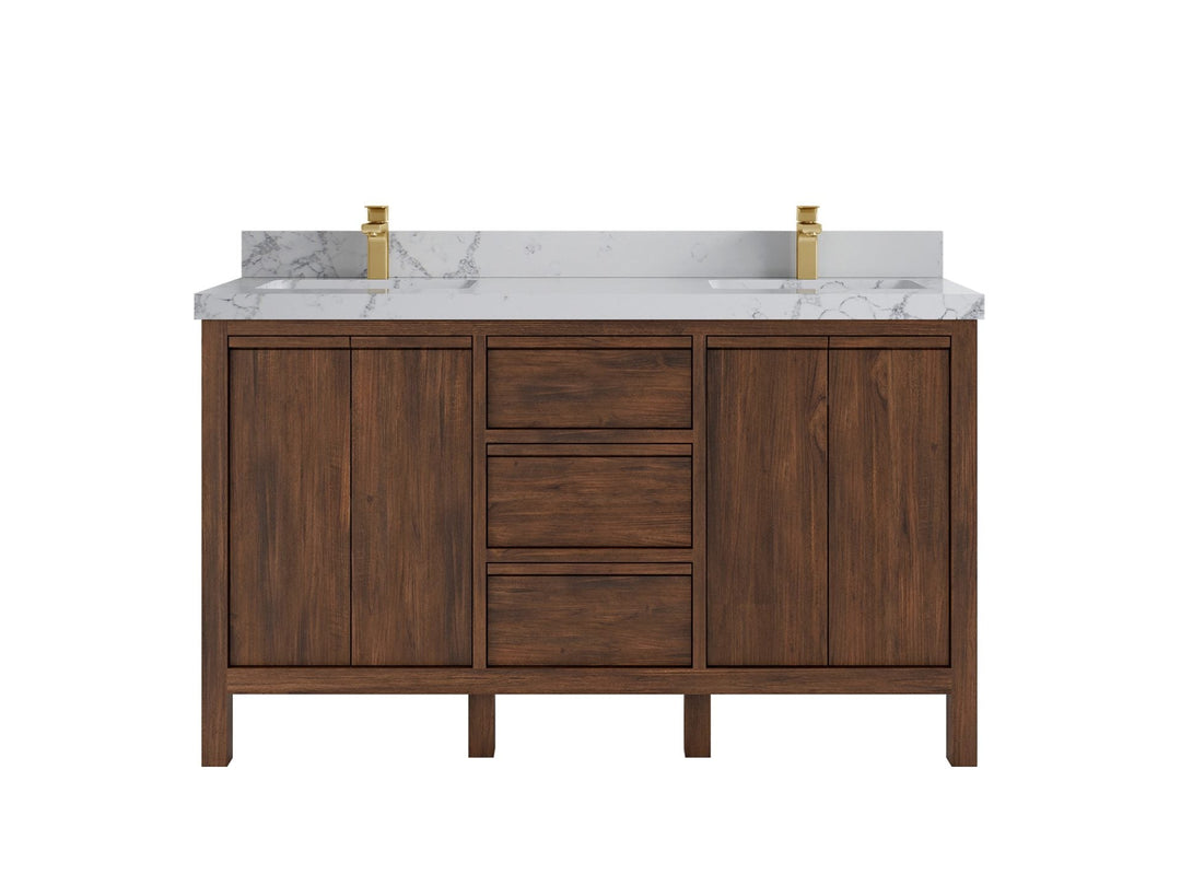 Elizabeth Teak 60 in. W x 22 in. D Double Sink Bathroom Vanity in Dark Walnut with 2 in Venatino Quartz Countertop