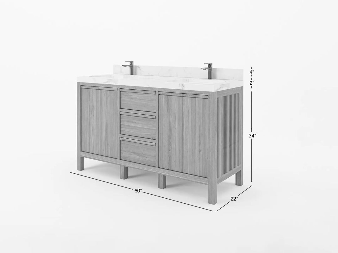 Elizabeth Teak 60 in. W x 22 in. D Double Sink Bathroom Vanity in Dark Natural with Countertop - Dimensions