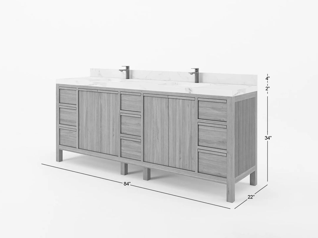 Elizabeth Teak 84 in. W x 22 in. D Double Sink Bathroom Vanity in Dark Natural with Countertop - Dimensions