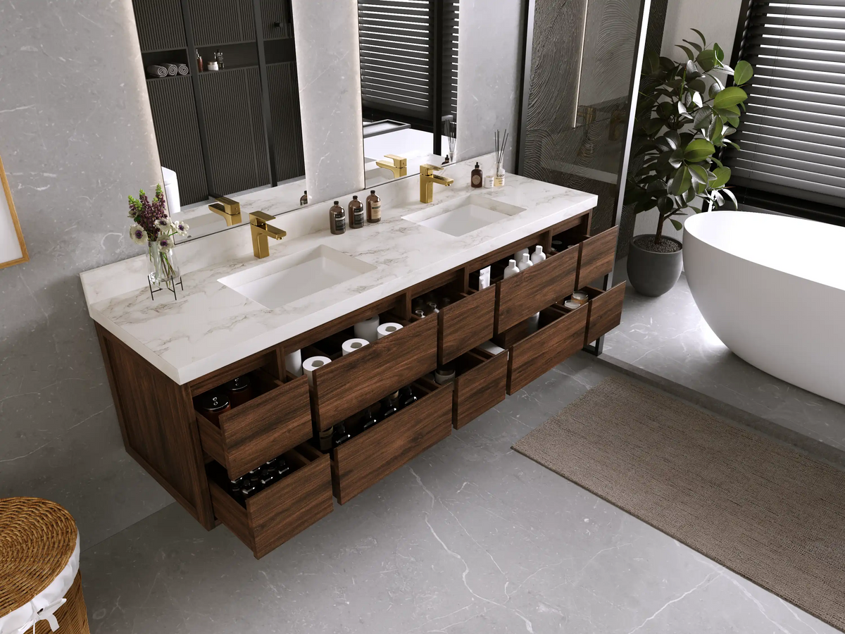 Madison Floating Teak 80 in. W x 22 in. D Double Sink Bathroom Vanity