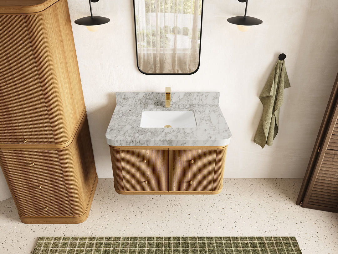 Hampton Floating Teak 36 in. W x 22 in. D Single Sink Bathroom Vanity in Light Natural with 2 in Carrara Marble Countertop - Top View