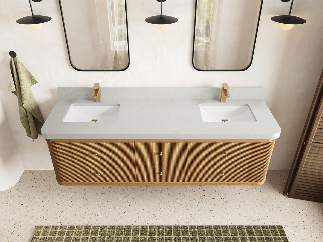 Hampton Floating Teak 72 in. W x 22 in. D Double Sink Bathroom Vanity in Light Natural with 2 in Carrara Quartz Countertop - Top View