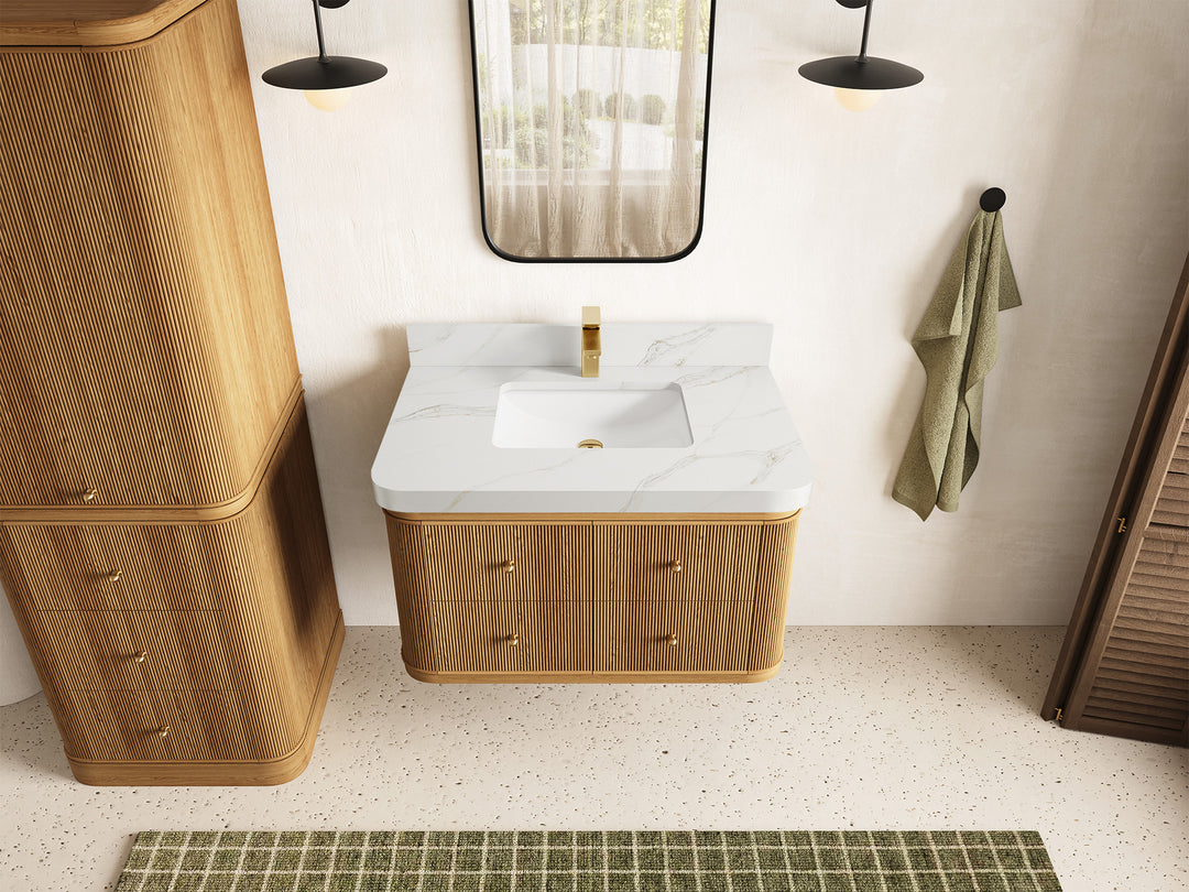 Hampton Floating Teak 36 in. W x 22 in. D Single Sink Bathroom Vanity in Light Natural with 2 in Calacatta Sienna Quartz Countertop - Top View