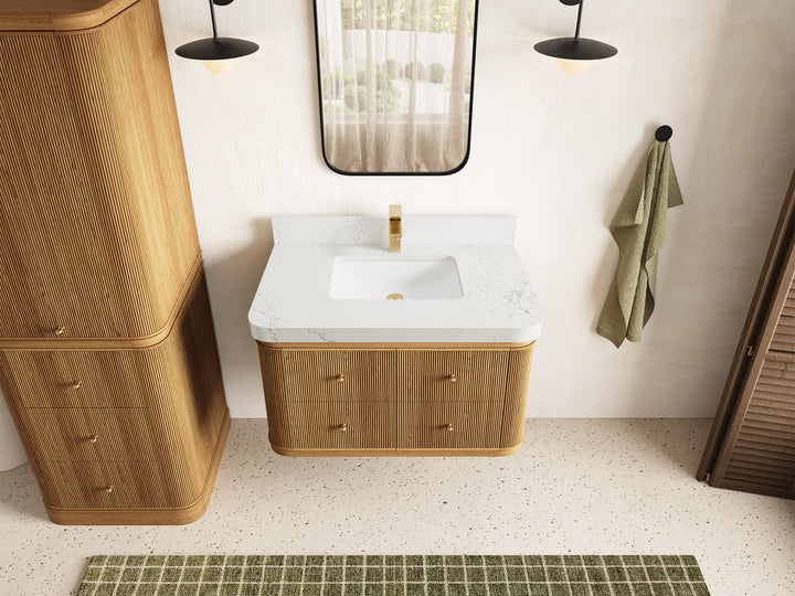 Hampton Floating Teak 36 in. W x 22 in. D Center Sink Bathroom Vanity (Light Natural) - photo 20
