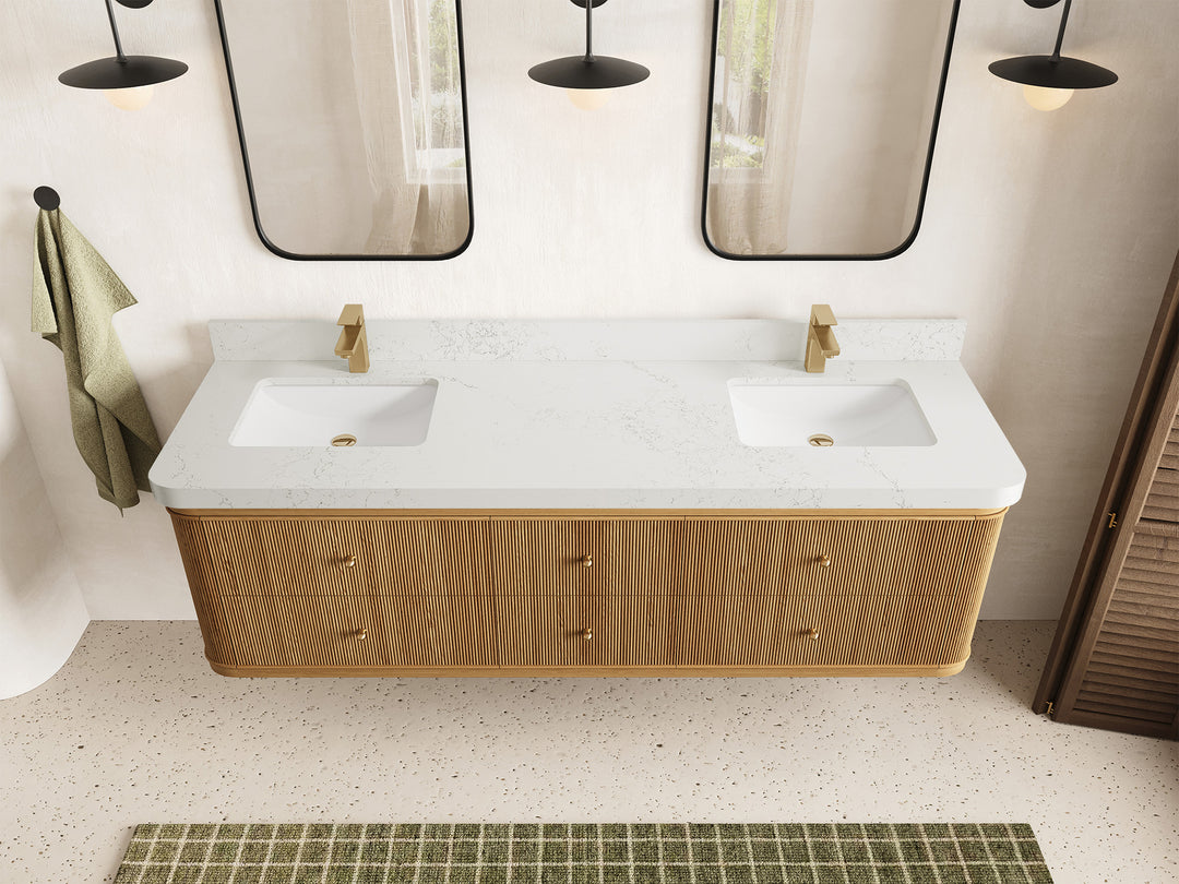 Hampton Floating Teak 72 in. W x 22 in. D Double Sink Bathroom Vanity in Light Natural with 2 in Empira White Quartz Countertop - Top View