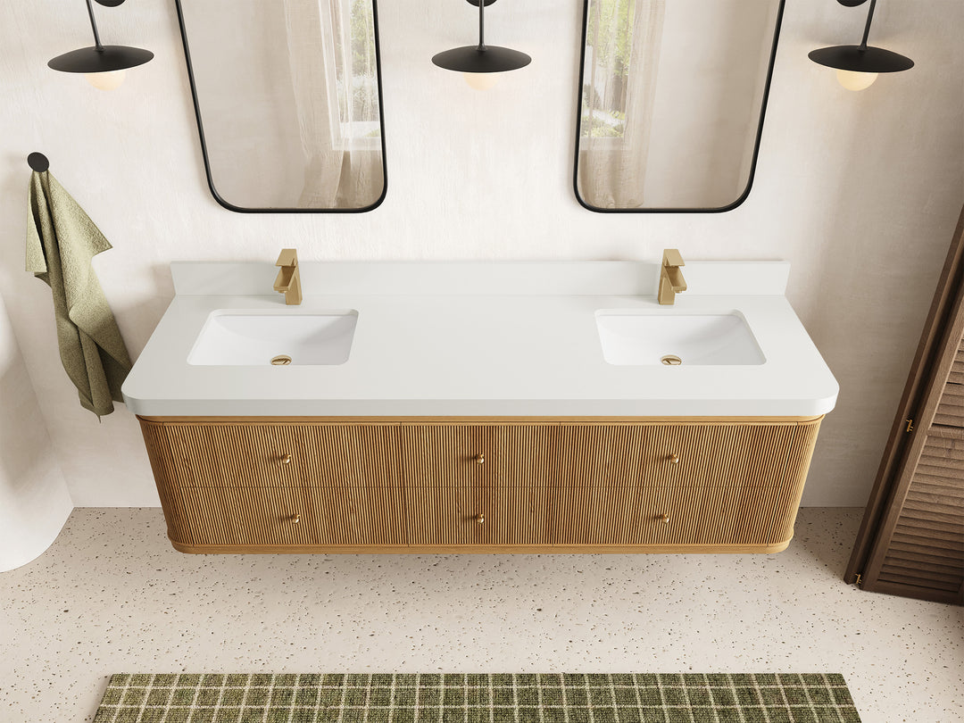 Hampton Floating Teak 72 in. W x 22 in. D Double Sink Bathroom Vanity in Light Natural with 2 in White Quartz Countertop - Top View