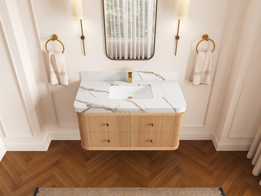 Hampton Floating White Oak 42 in. W x 22 in. D Single Sink Bathroom Vanity with 2 in Calacatta Gold Quartz Countertop - Top View