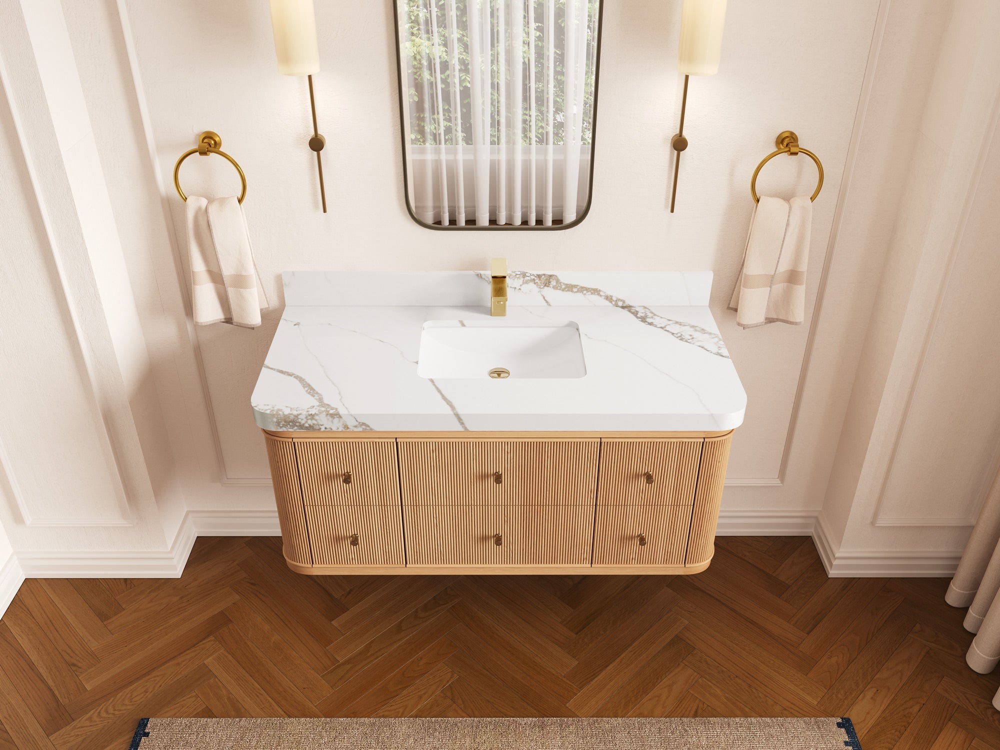 Hampton Floating White Oak 48 in. W x 22 in. D Single Sink Bathroom Vanity with 2 in Calacatta Gold Quartz Countertop - Top View
