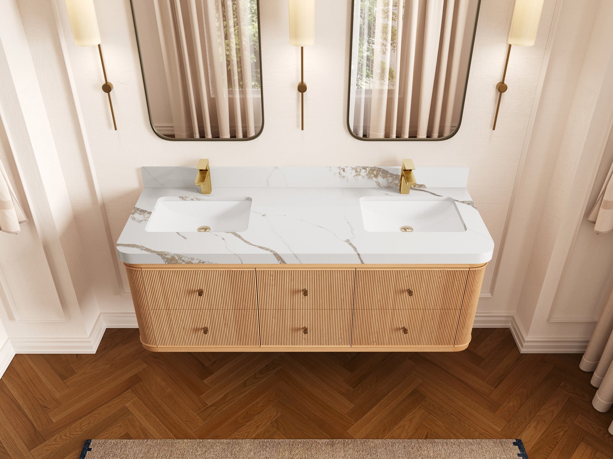 Hampton Floating White Oak 60 in. W x 22 in. D Double Sink Bathroom Vanity with 2 in Calacatta Gold Quartz Countertop - Top View