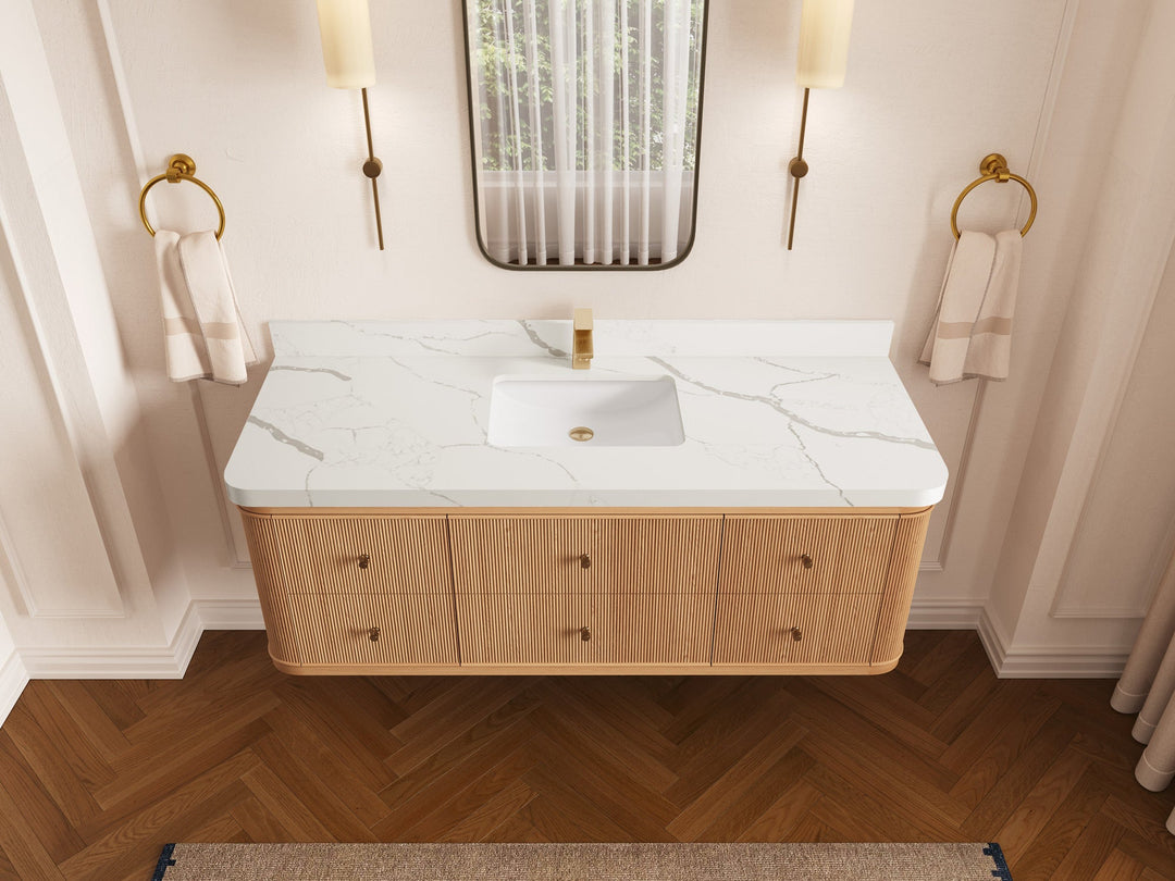 Hampton Floating White Oak 60 in. W x 22 in. D Single Sink Bathroom Vanity with 2 in Calacatta Laza Quartz Countertop - Top View