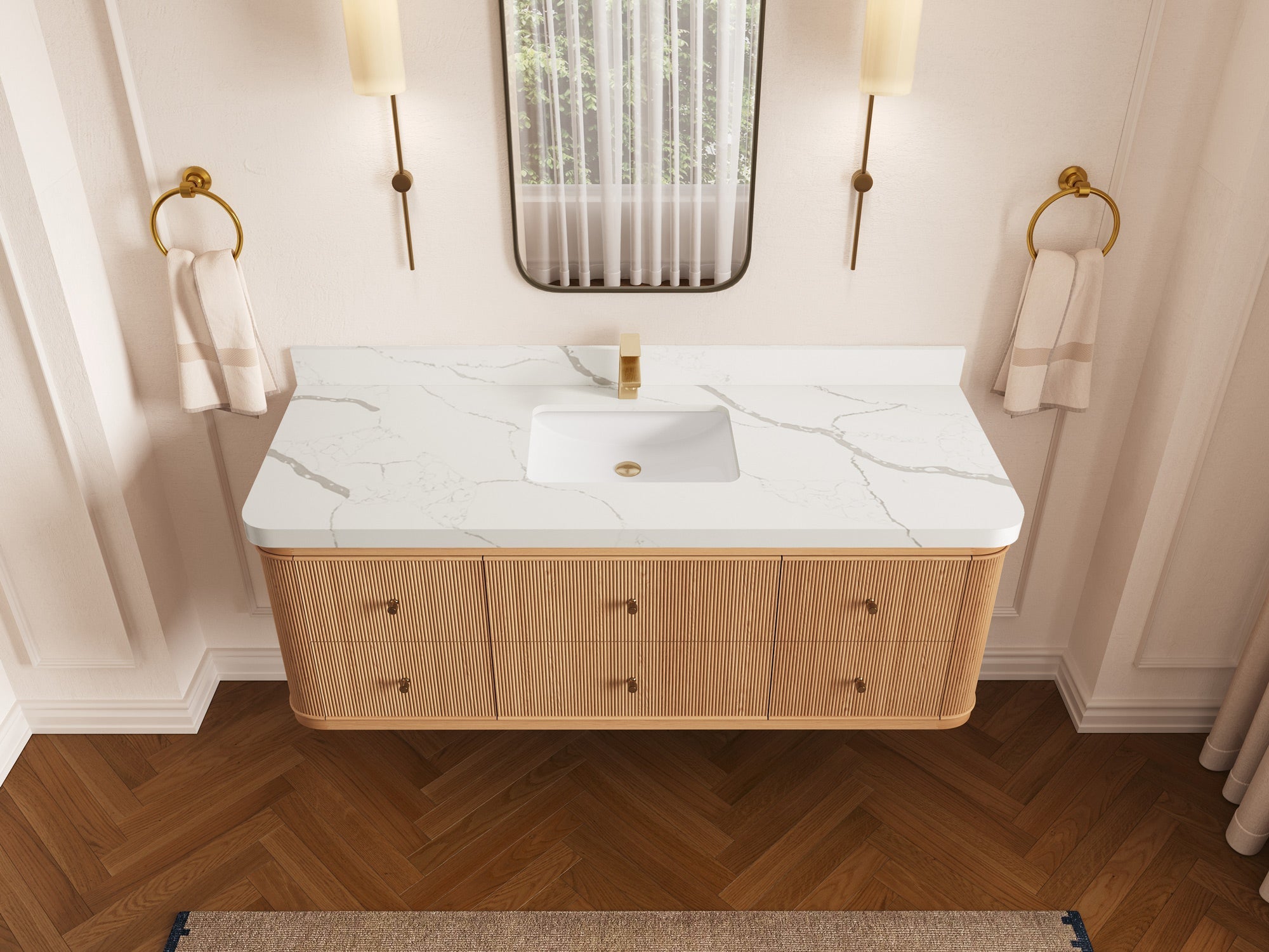 Hampton Floating White Oak 60 in. W x 22 in. D Single Sink Bathroom Vanity with 2 in Calacatta Laza Quartz Countertop - Top View