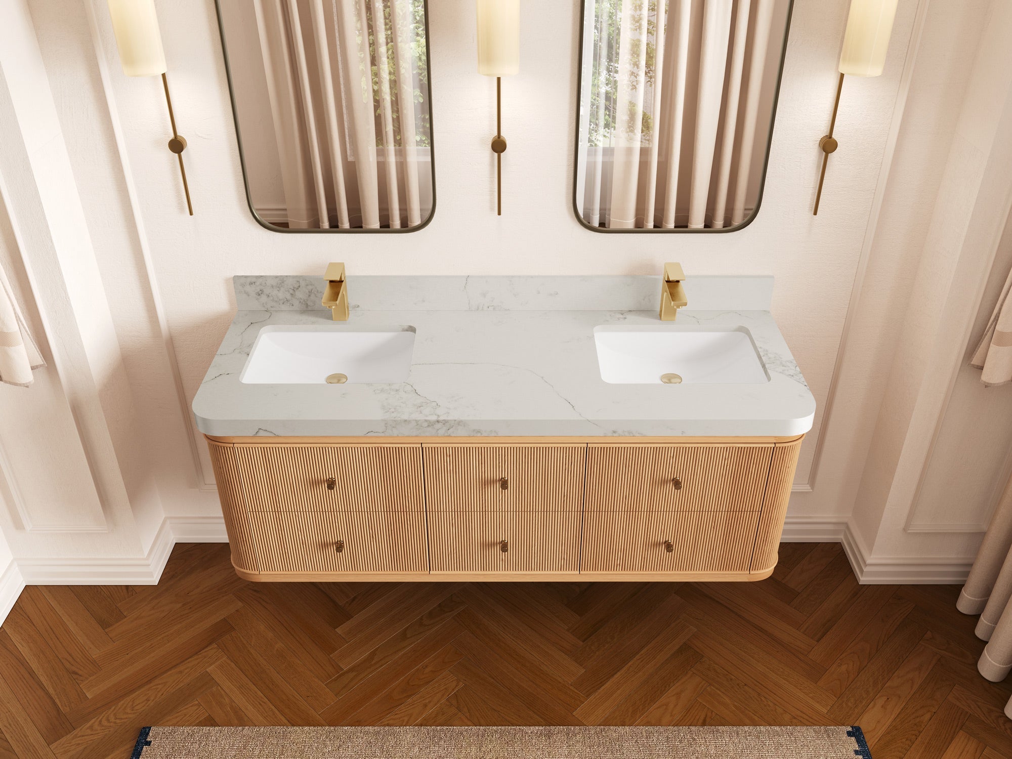 Hampton Floating White Oak 60 in. W x 22 in. D Double Sink Bathroom Vanity with 2 in Calacatta Nuvo Quartz Countertop - Top View