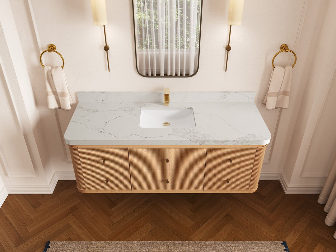 Hampton Floating White Oak 60 in. W x 22 in. D Single Sink Bathroom Vanity with 2 in Calacatta Nuvo Quartz Countertop - Top View
