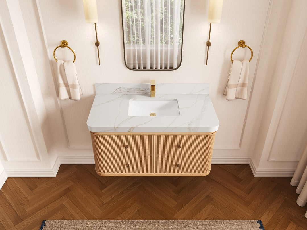 Hampton Floating White Oak 42 in. W x 22 in. D Single Sink Bathroom Vanity with 2 in Calacatta Sienna Quartz Countertop - Top View