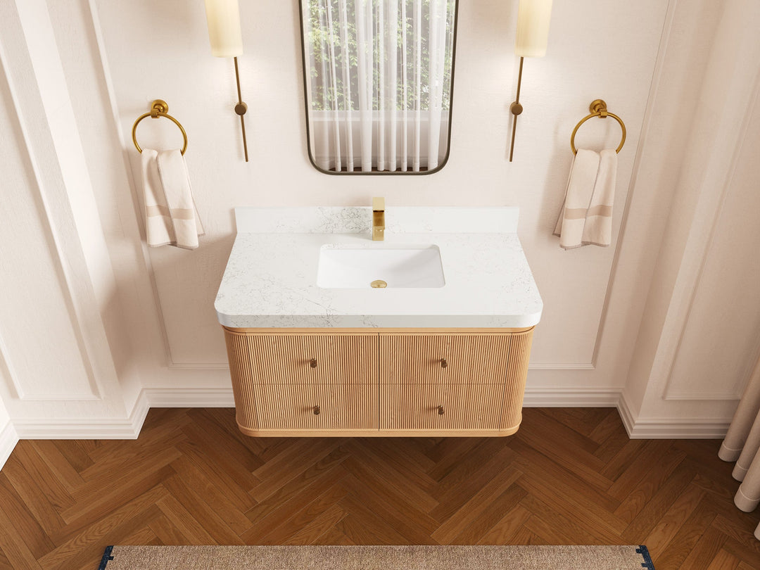 Hampton Floating White Oak 42 in. W x 22 in. D Single Sink Bathroom Vanity with 2 in Empira White Quartz Countertop - Top View