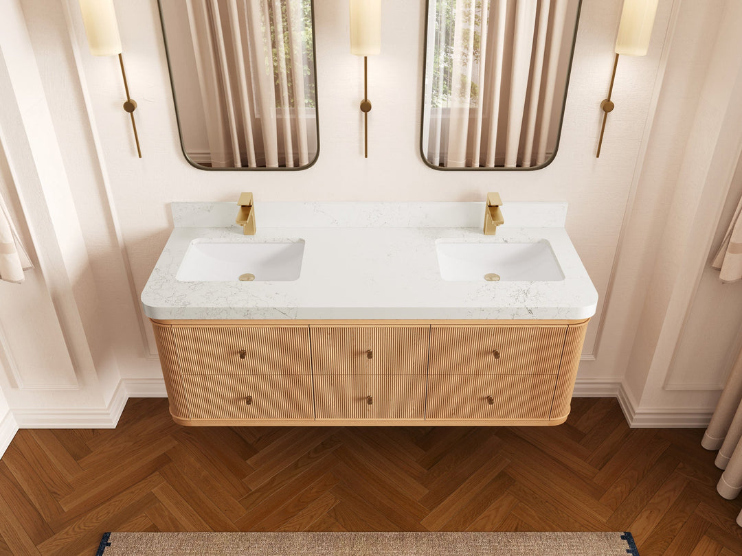 Hampton Floating White Oak 60 in. W x 22 in. D Double Sink Bathroom Vanity with 2 in Empira White Quartz Countertop - Top View