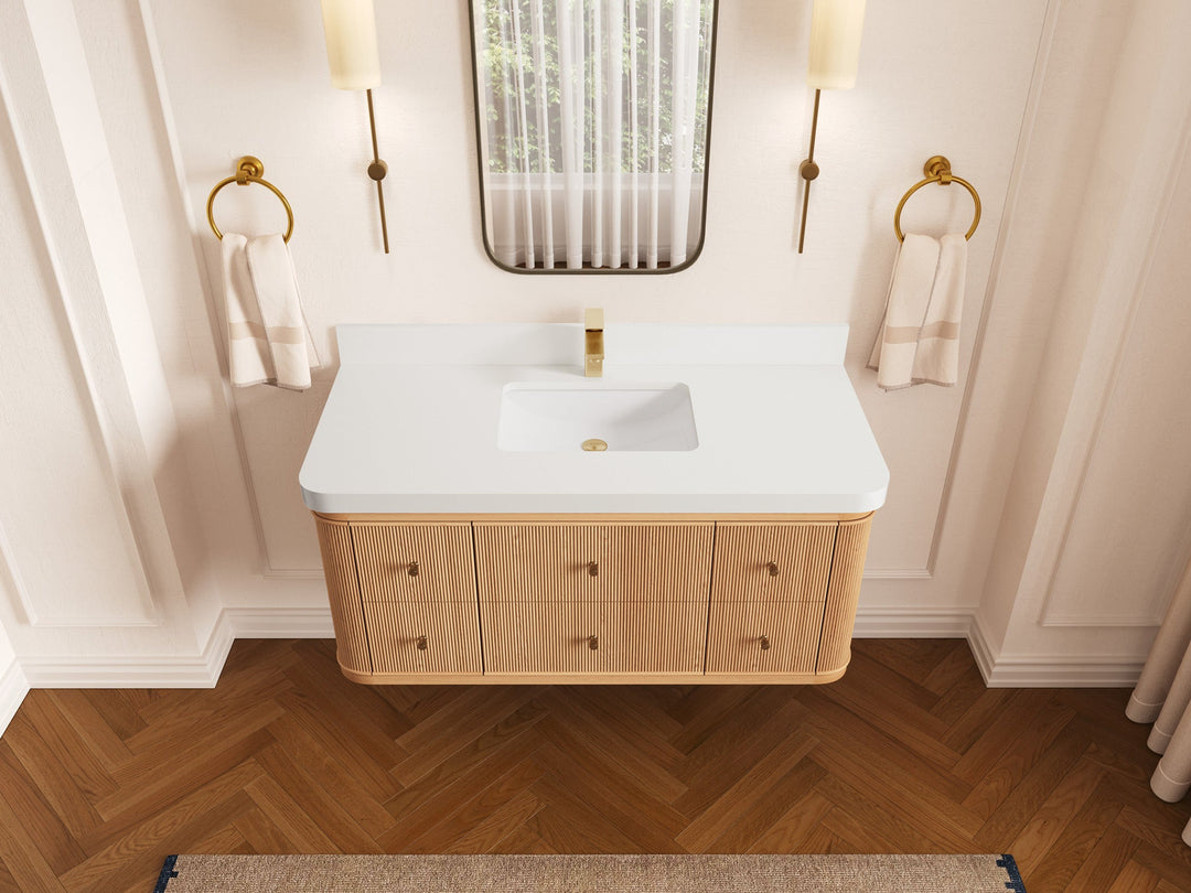 Hampton Floating White Oak 48 in. W x 22 in. D Single Sink Bathroom Vanity with 2 in White Quartz Countertop - Top View