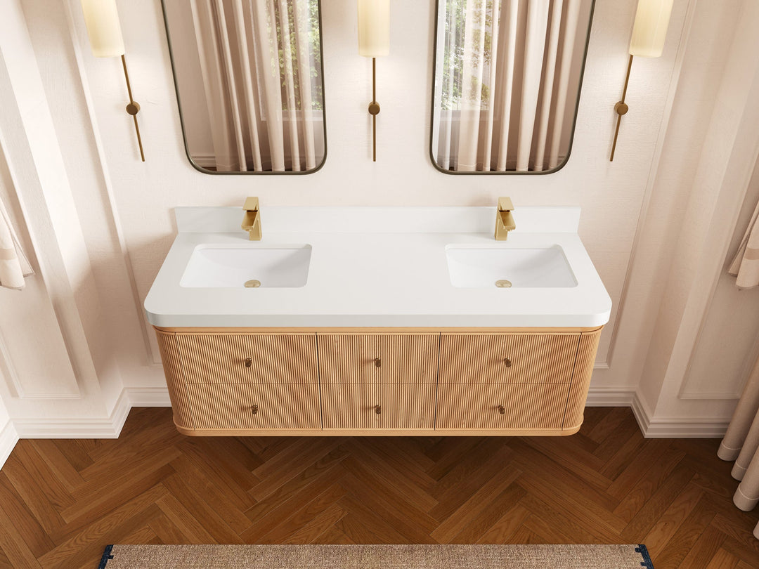 Hampton Floating White Oak 60 in. W x 22 in. D Double Sink Bathroom Vanity with 2 in White Quartz Countertop - Top View