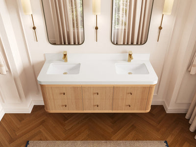 Hampton Floating White Oak 60 in. W x 22 in. D Double Sink Bathroom Vanity with 2 in White Quartz Countertop - Top View