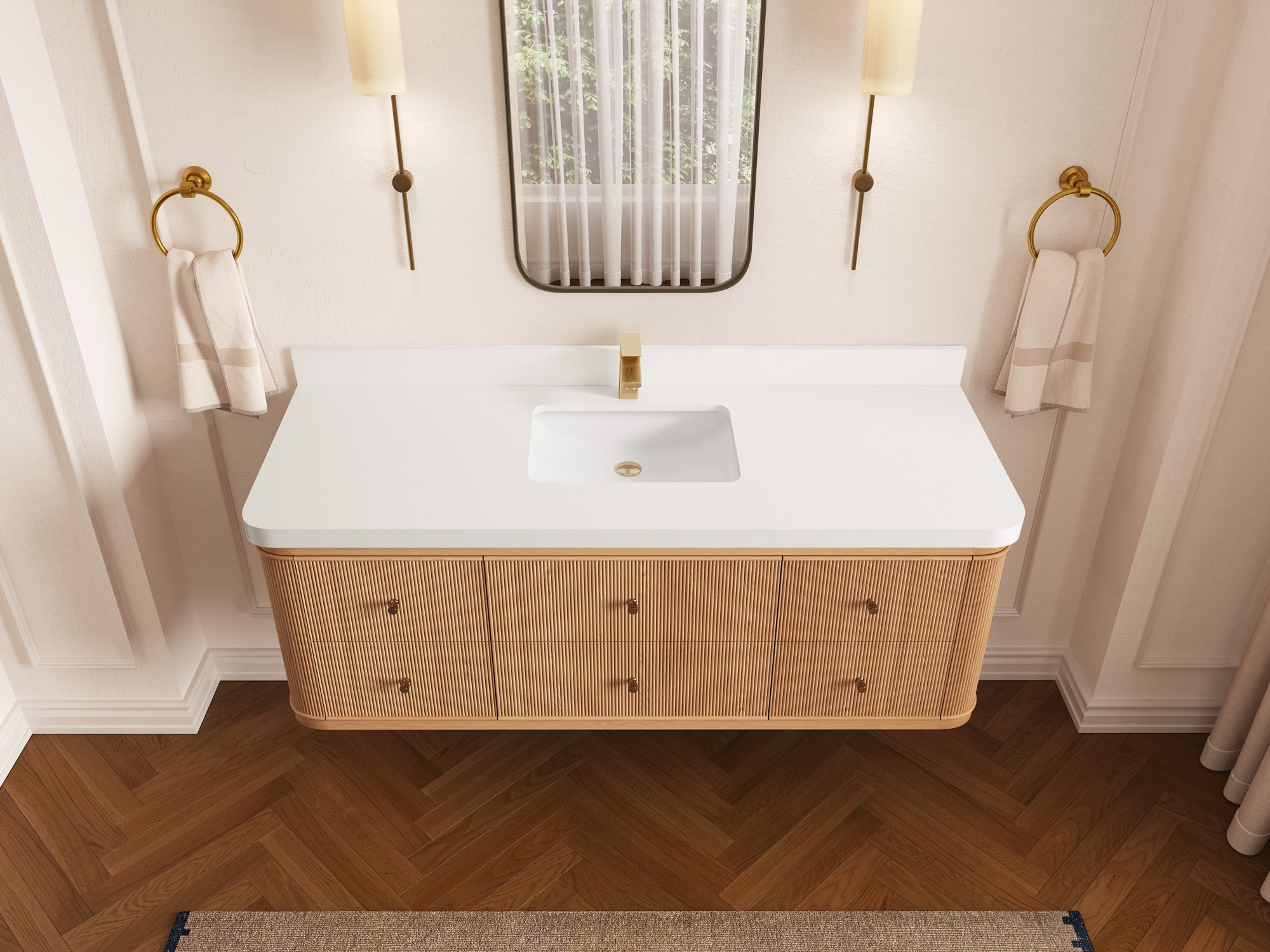 Hampton Floating White Oak 60 in. W x 22 in. D Single Sink Bathroom Vanity with 2 in White Quartz Countertop - Top View
