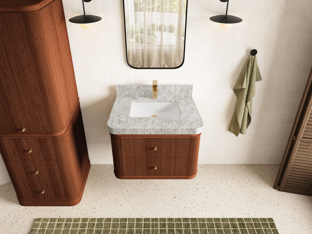 Hampton Floating Teak 30 in. W x 22 in. D Single Sink Bathroom Vanity in Dark Natural with 2 in Calacatta Nuvo Quartz Countertop - Top View