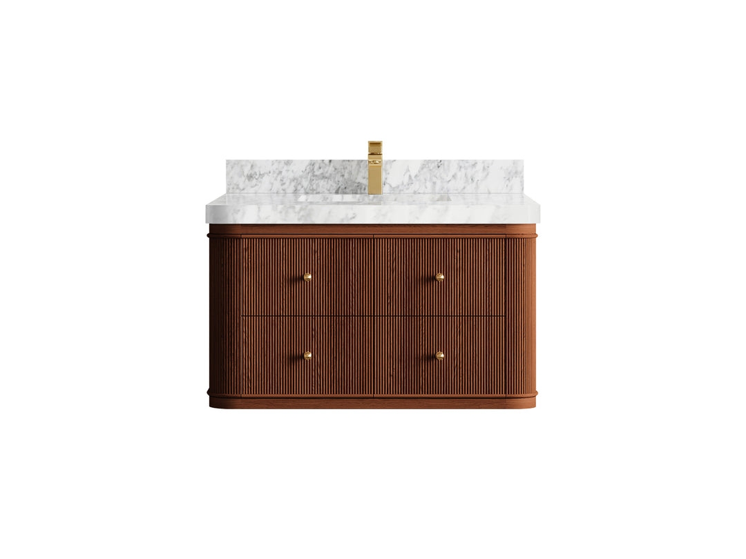 Hampton Floating Teak 36 in. W x 22 in. D Single Sink Bathroom Vanity in Dark Natural with 2 in Carrara Marble Countertop
