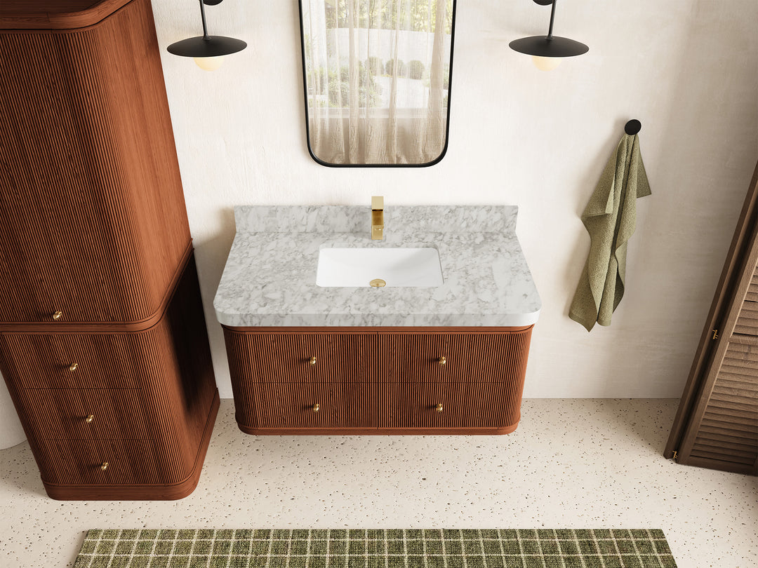 Hampton Floating Teak 42 in. W x 22 in. D Single Sink Bathroom Vanity in Dark Natural with 2 in Carrara Marble Countertop - Top View
