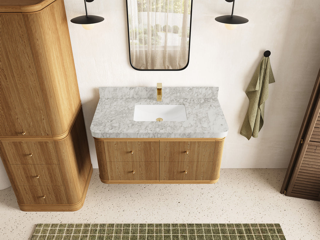 Hampton Floating Teak 42 in. W x 22 in. D Single Sink Bathroom Vanity in Light Natural with 2 in Carrara Marble Countertop - Top View
