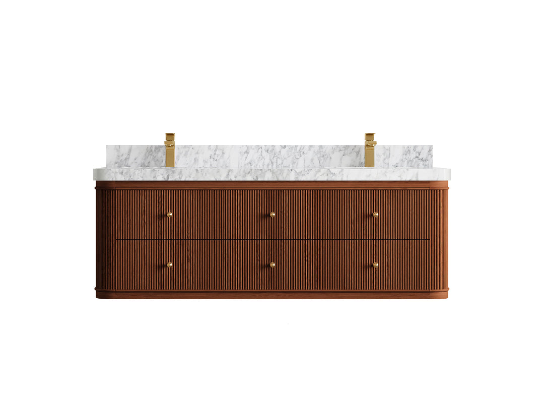 Hampton Floating Teak 60 in. W x 22 in. D Double Sink Bathroom Vanity in Dark Natural with 2 in Carrara Marble Countertop