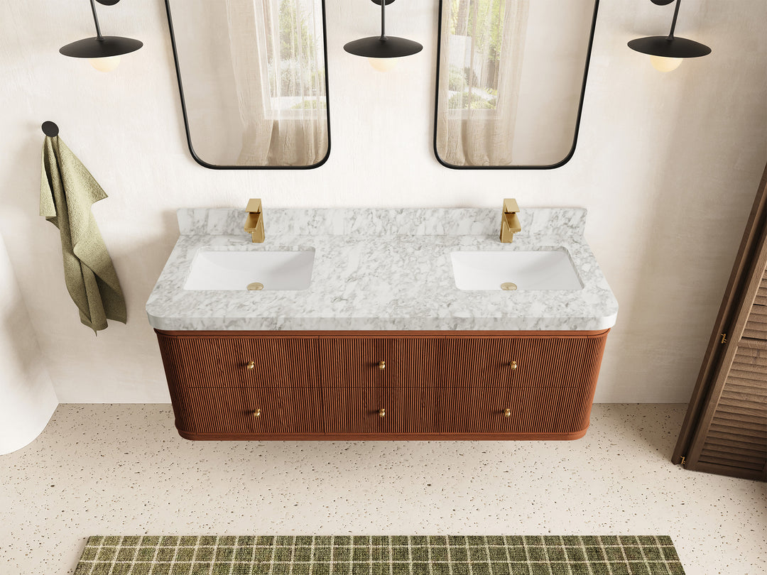 Hampton Floating Teak 60 in. W x 22 in. D Double Sink Bathroom Vanity in Dark Natural with 2 in Carrara Marble Countertop - Top View