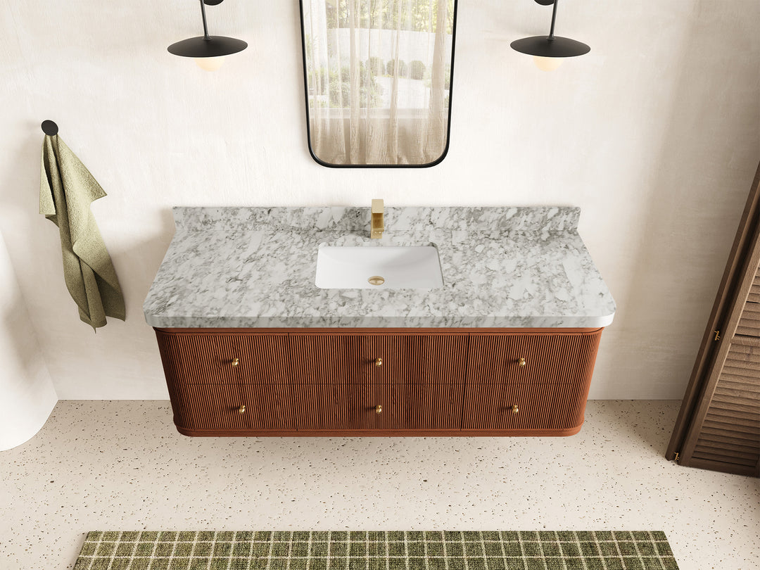 Hampton Floating Teak 60 in. W x 22 in. D Single Sink Bathroom Vanity in Dark Natural with 2 in Carrara Marble Countertop - Top View