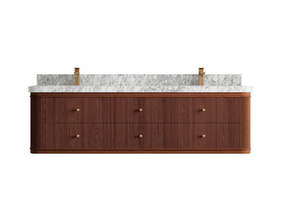 Hampton Floating Teak 72 in. W x 22 in. D Double Sink Bathroom Vanity in Dark Natural with 2 in Carrara Marble Countertop