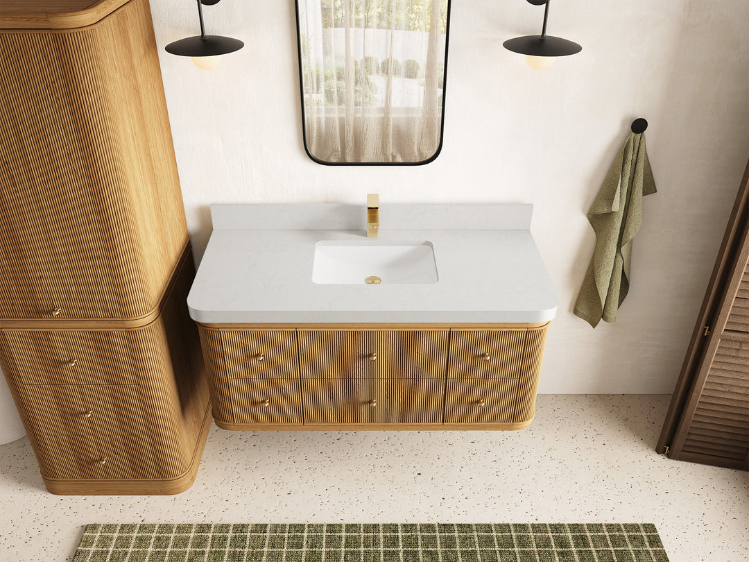Hampton Floating Teak 48 in. W x 22 in. D Single Sink Bathroom Vanity in Light Natural with 2 in Carrara Quartz Countertop - Top View