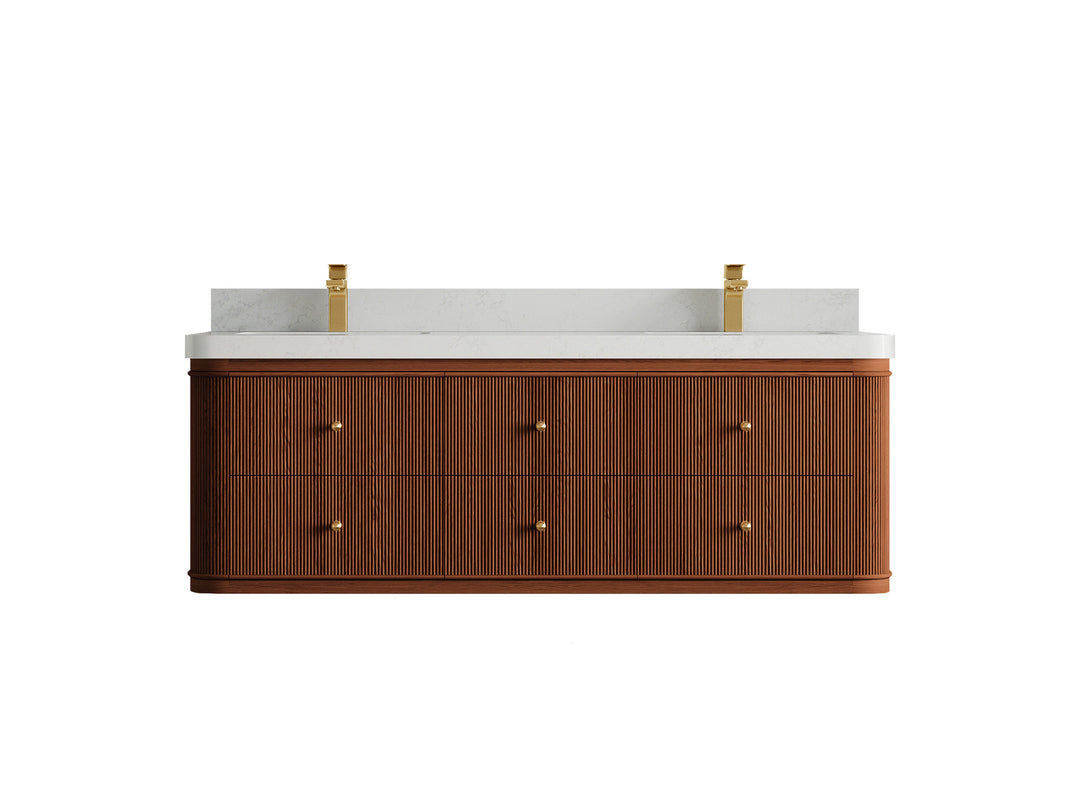 Hampton Floating Teak 60 in. W x 22 in. D Double Sink Bathroom Vanity in Dark Natural with 2 in Carrara Quartz Countertop