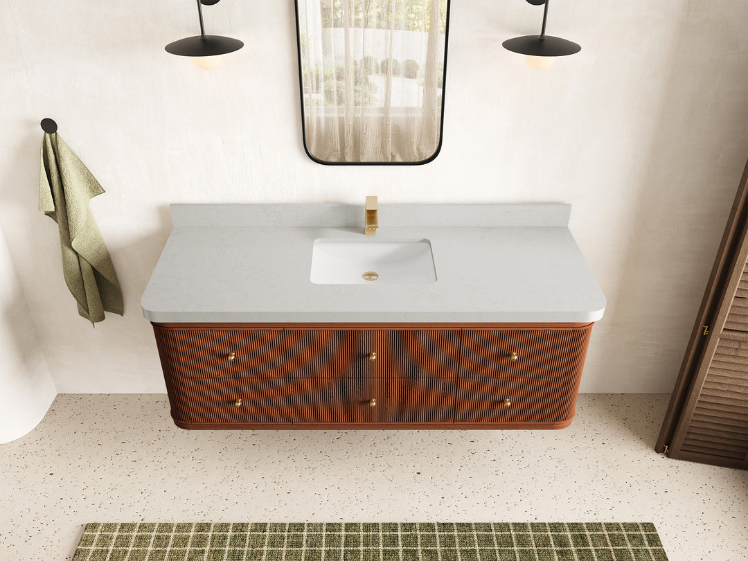 Hampton Floating Teak 60 in. W x 22 in. D Single Sink Bathroom Vanity in Dark Natural with 2 in Carrara Quartz Countertop - Top View