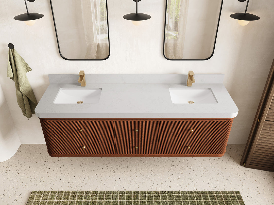 Hampton Floating Teak 72 in. W x 22 in. D Double Sink Bathroom Vanity in Dark Natural with 2 in Carrara Quartz Countertop - Top View