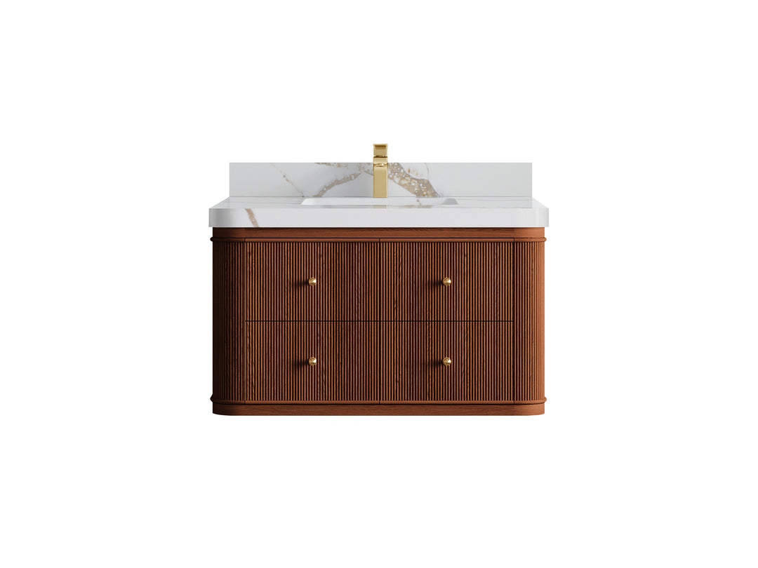 Hampton Floating Teak 36 in. W x 22 in. D Single Sink Bathroom Vanity in Dark Natural with 2 in Calacatta Gold Quartz Countertop