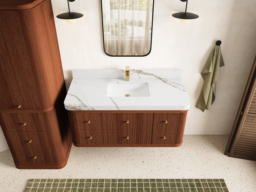 Hampton Floating Teak 48 in. W x 22 in. D Single Sink Bathroom Vanity in Dark Natural with 2 in Calacatta Gold Quartz Countertop - Top View
