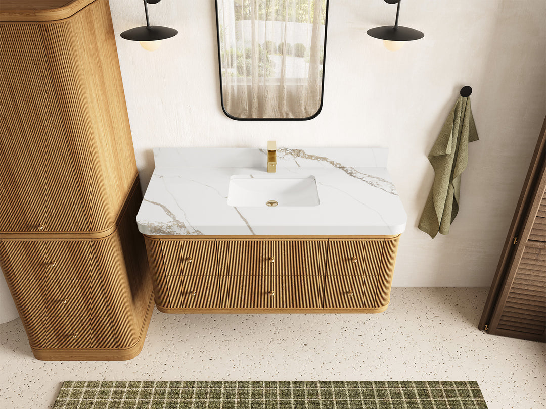 Hampton Floating Teak 48 in. W x 22 in. D Single Sink Bathroom Vanity in Light Natural with 2 in Calacatta Gold Quartz Countertop - Top View