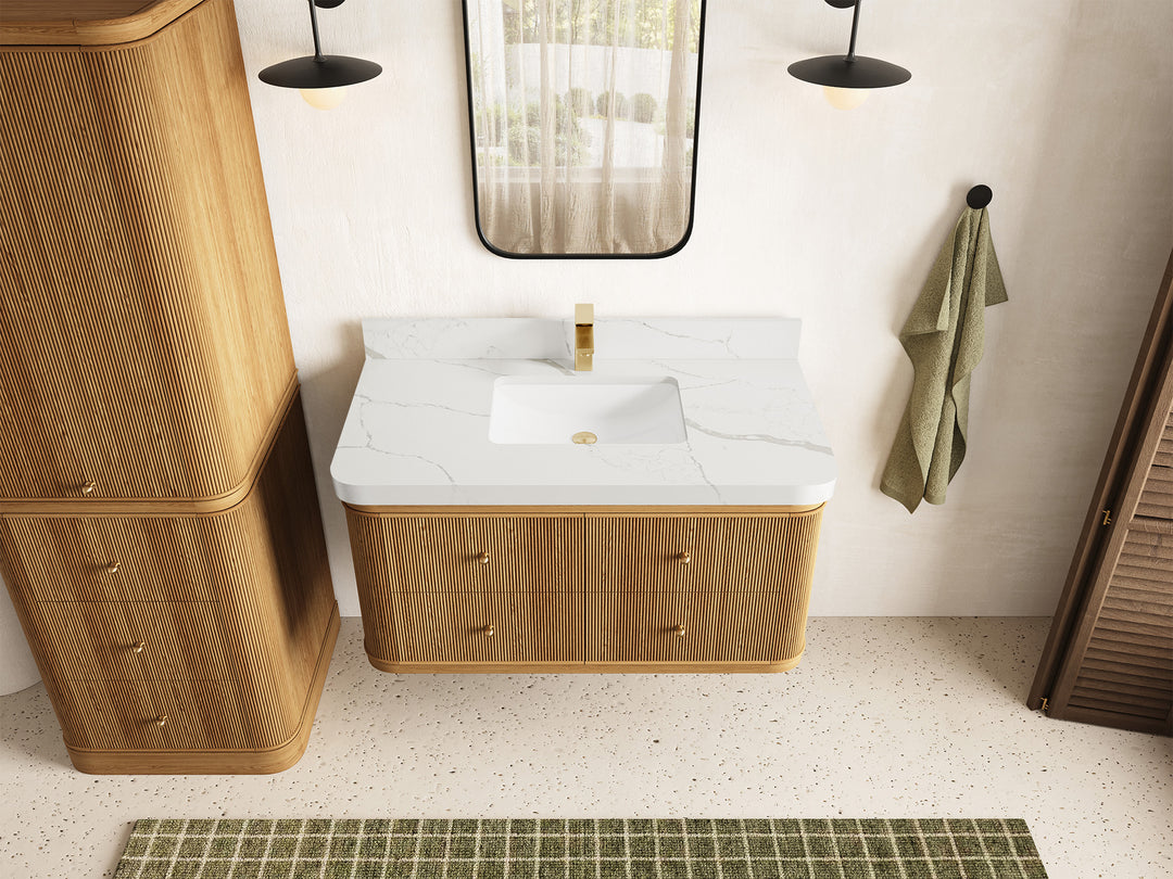 Hampton Floating Teak 42 in. W x 22 in. D Single Sink Bathroom Vanity in Light Natural with 2 in Calacatta Laza Quartz Countertop - Top View